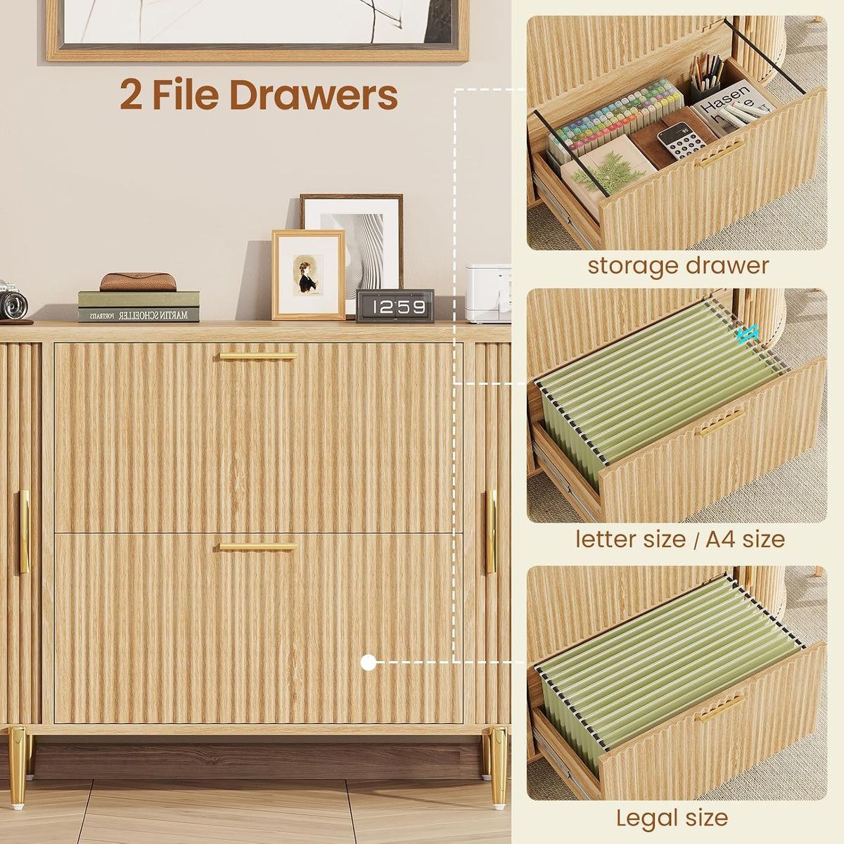 SEDETA Fluted 2 Drawer File Cabinet with 2 Sliding Door for Home Office | 39.4" Filing Cabinet for Home Office,fit Legal/Letter/A4 Siz,Modern File Cabinet with 2 Drawers,Printer Stand,Natural