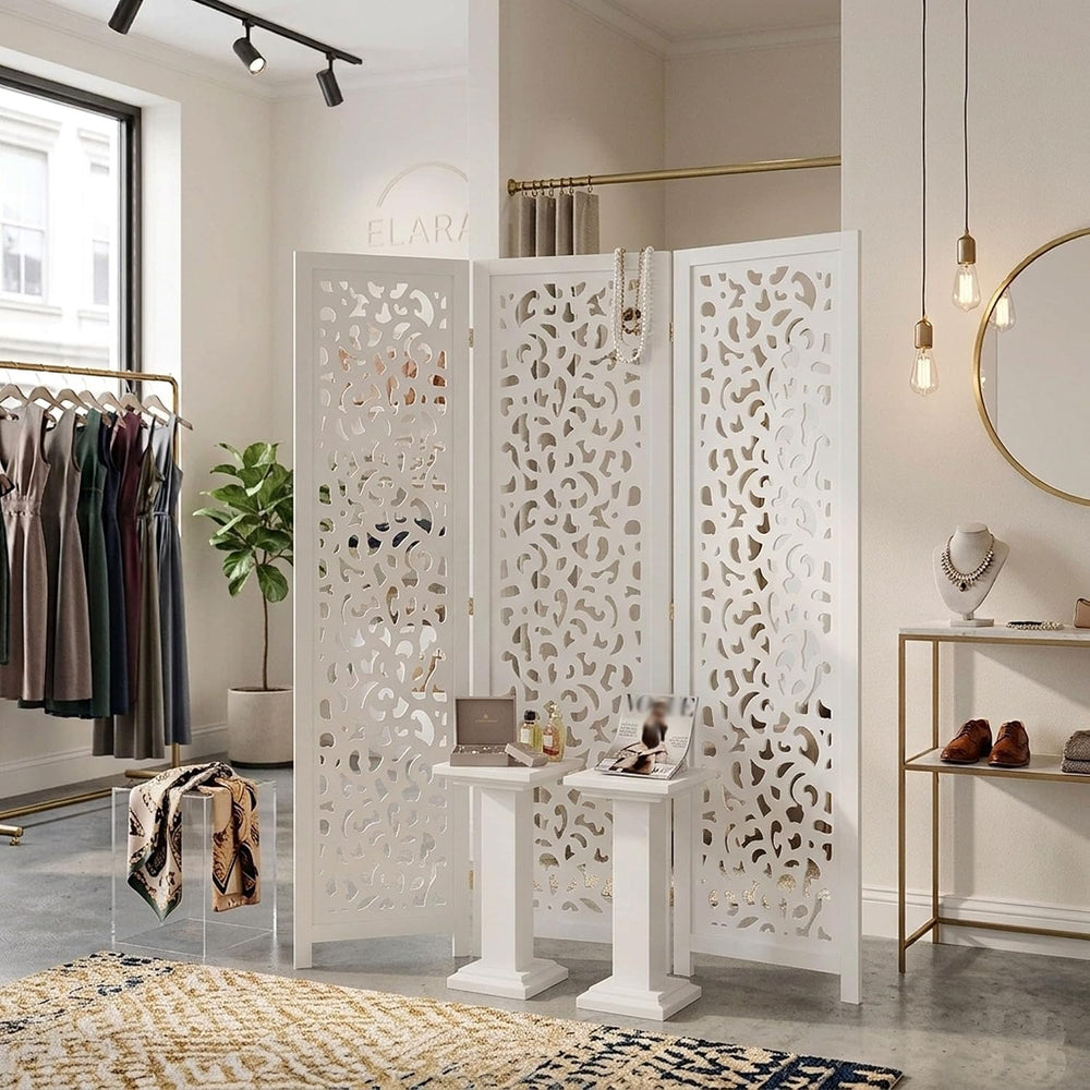 Legacy Decor 3 Panel Screen Room Divider Cutout Wood Insert White 68-in H