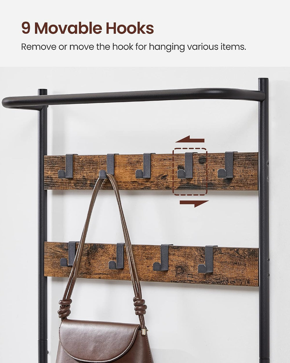 VASAGLE Hall Tree with Bench and Shoe Storage, 9 Movable Hooks, Top Bar