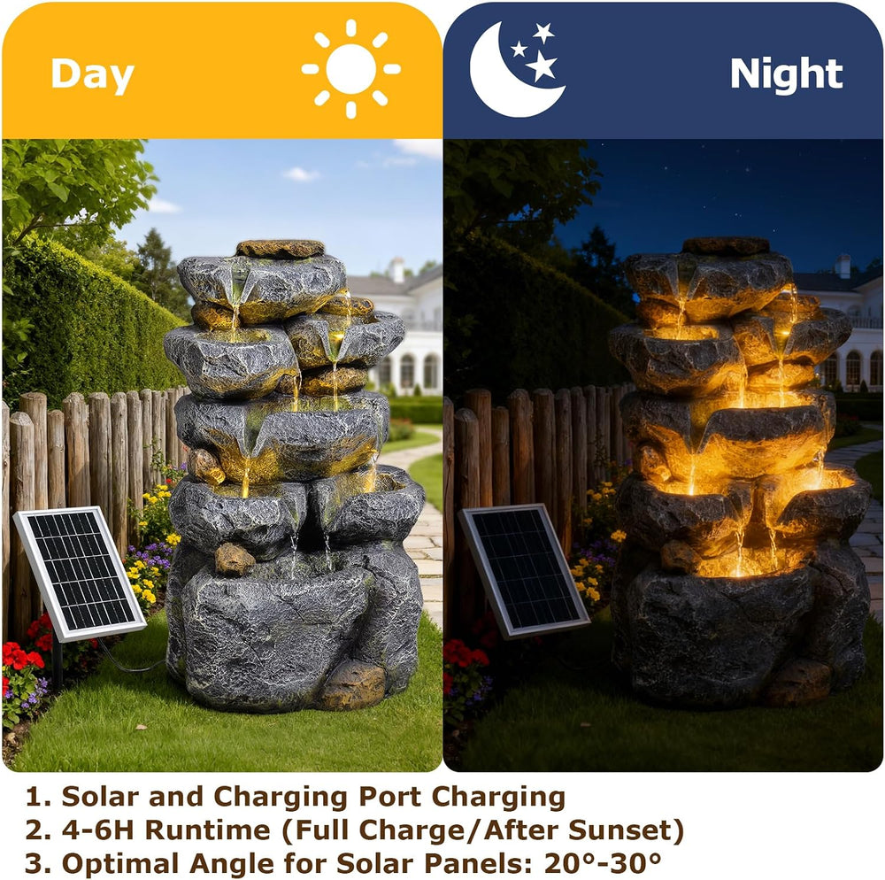 24" Tall Solar Powered Water Fountain Cascading Rock Waterfall