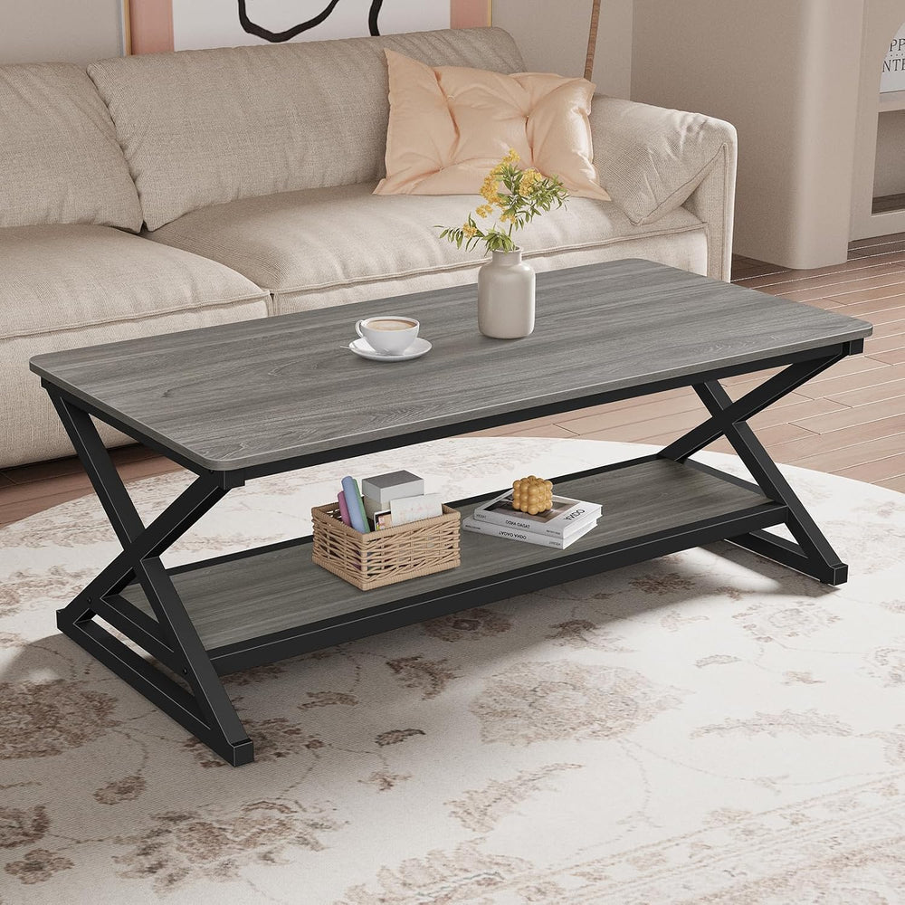 47" Coffee Table for Living Room, 2-Tier Rectangle, Grey Oak