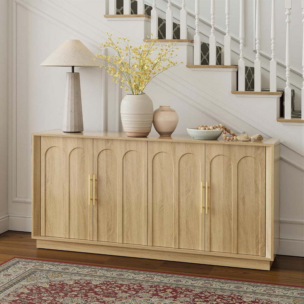 FORTUNETEC 67" Sideboard Buffet Cabinet with Storage, Arched Doors, Oak