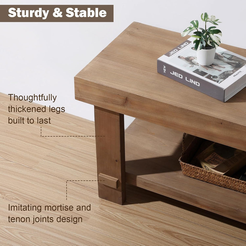 31.5" Solid Wood Bench, Small Farmhouse Narrow Storage Bench, Natural | with Storage Shelf, Rustic, Easy Assembly, for Indoor, Entryway, Dining Room, Living Room and Hallway