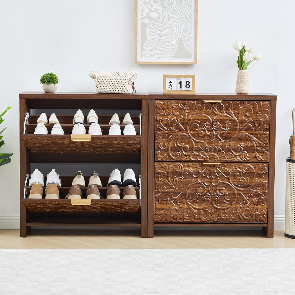 Shoe Cabinet with Flip Drawers, Narrow Shoe Storage Cabinet, 2-Tier Hidden Sh...
