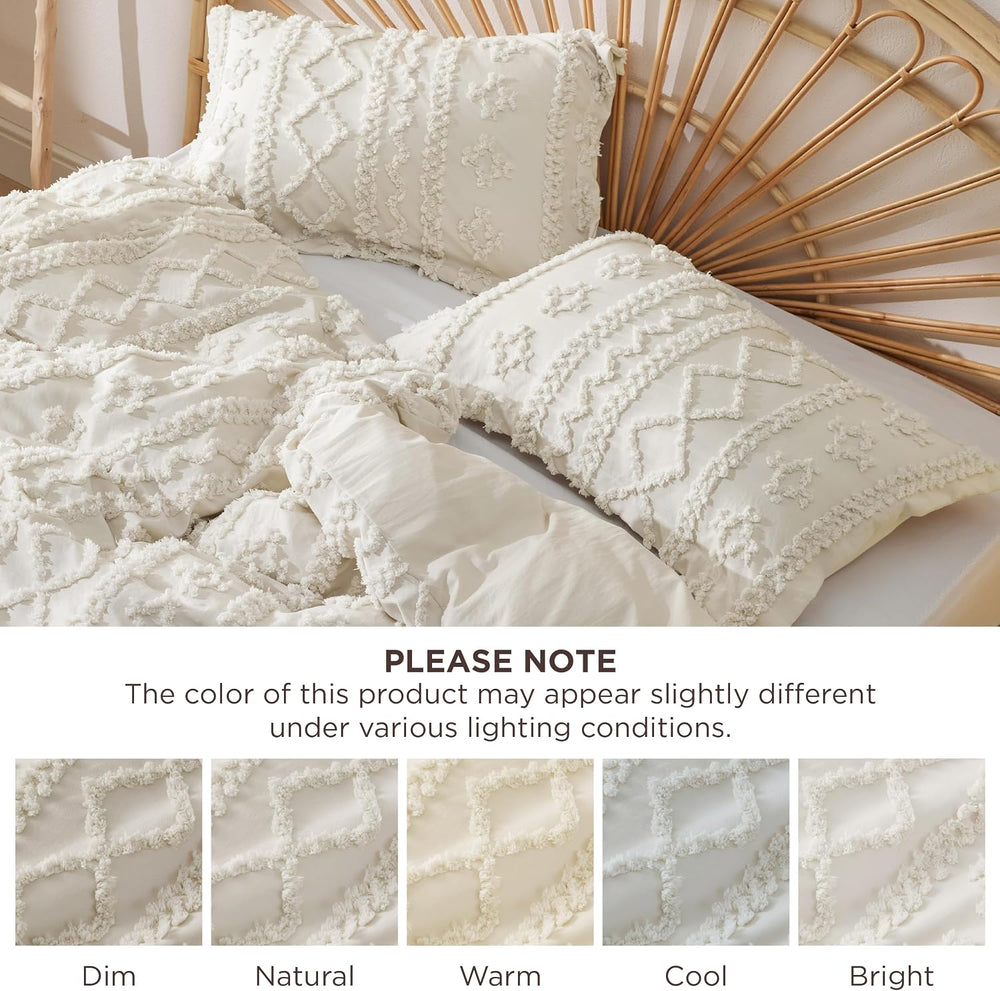 Bedsure Boho Duvet Cover Queen, Tufted Embroidery, 3-Piece, Beige
