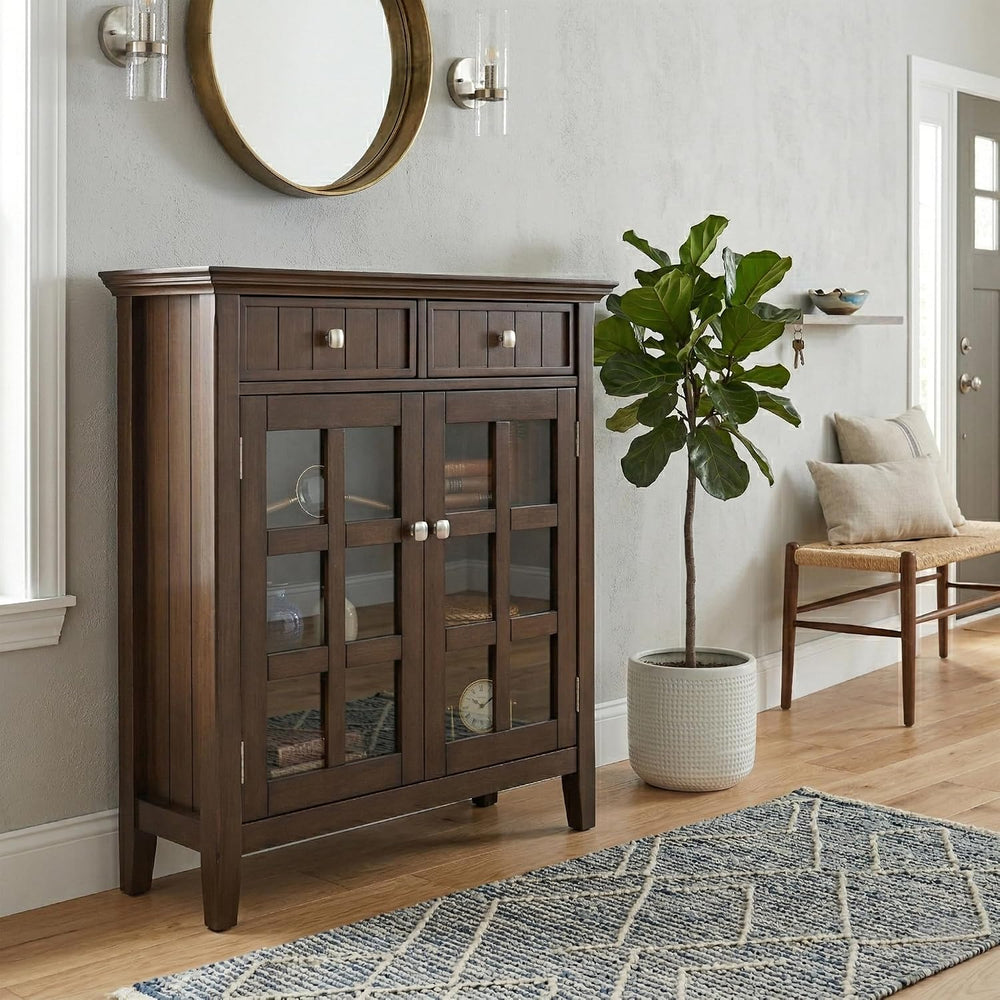 SIMPLIHOME Acadian 36" Wide Solid Wood Cabinet in Natural Aged Brown