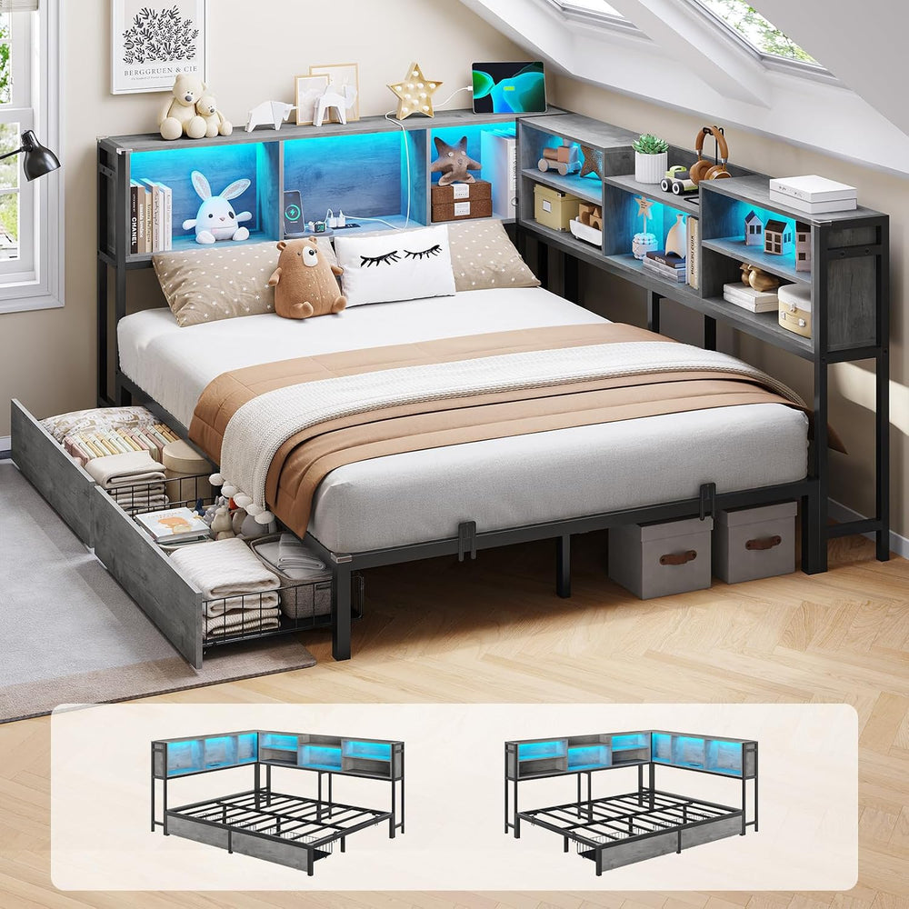 Corner Full Bed Frame with Bookcase Storage,2 Drawers & Led Lights,Oak Gray