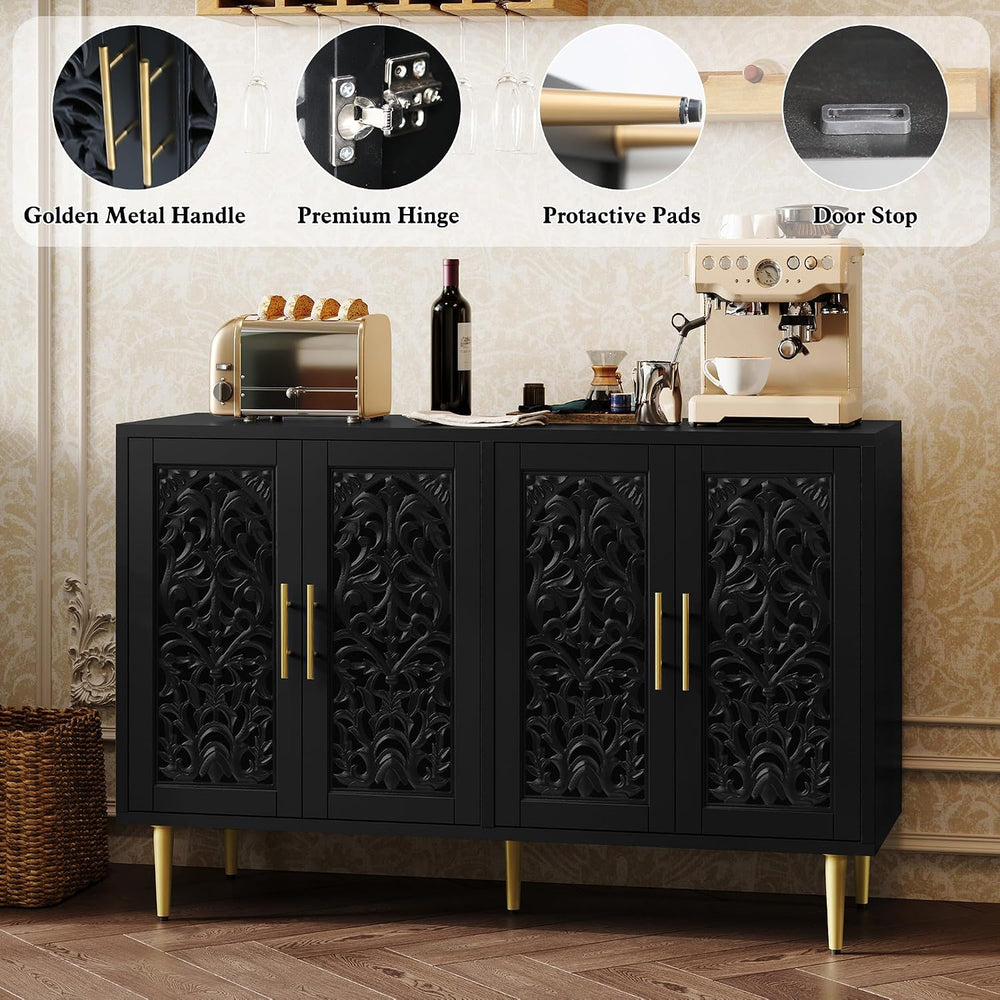 ARTPOWER 47.8" Vintage Accent Cabinet with 4 Hollow Carving Doors, Black
