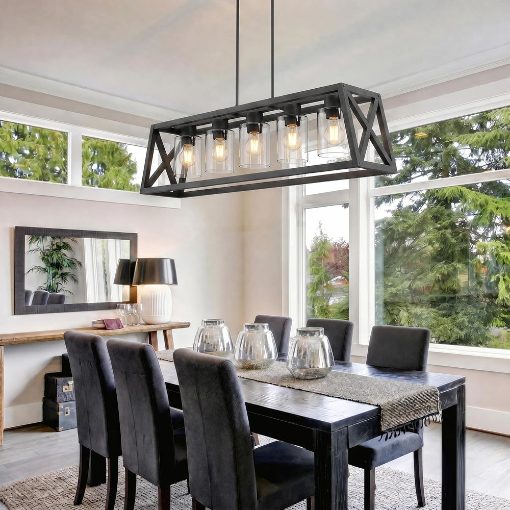 Dining Room Light Fixture, 5 Light, Black, Adjustable, Thickened, Trapezoid