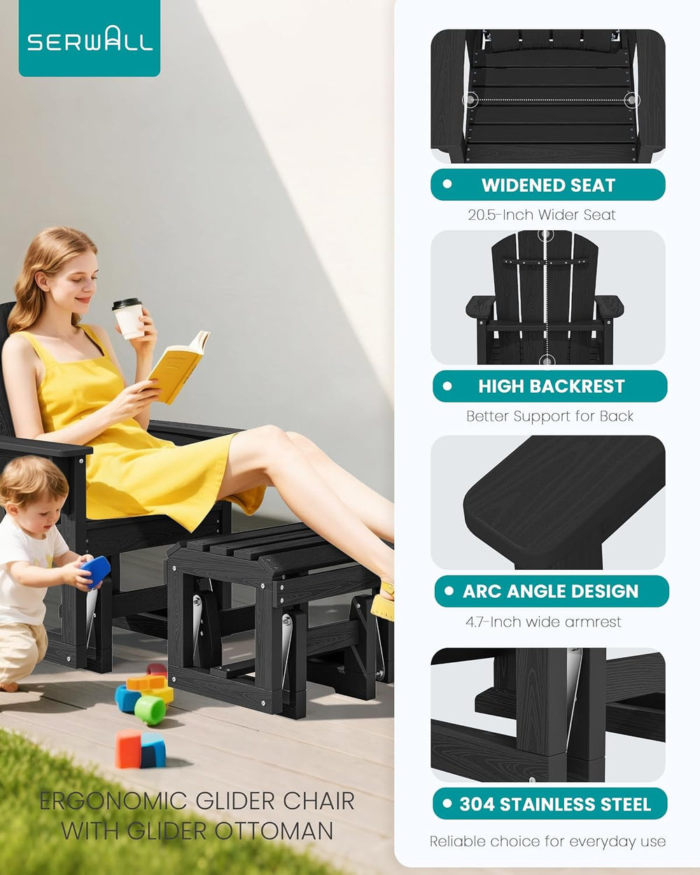 SERWALL HDPE Outdoor Glider with Ottoman Set of 2, All-Weather Patio Glider