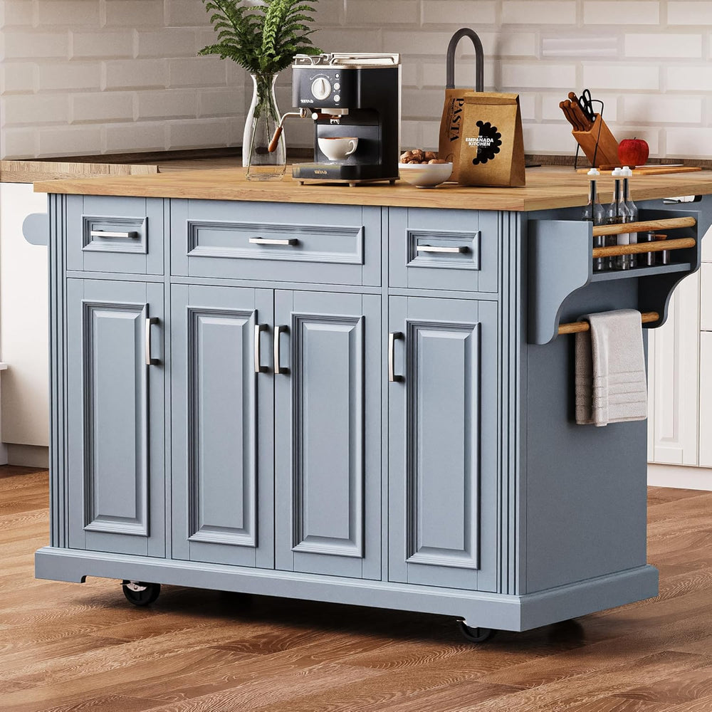 Rolling Kitchen Island Cart with Storage Cabinet & Drop Leaf, Grey Blue