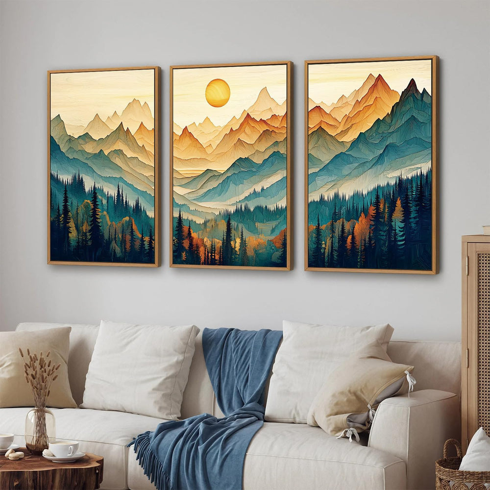 Tinonedraw Large Mountain Framed Canvas Wall Art Set of 3, Boho Nature Forest...
