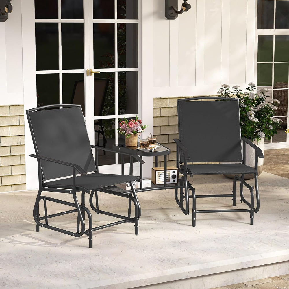 Tangkula 2-Seater Outdoor Glider Bench with 2-Tier Center Table (Black)