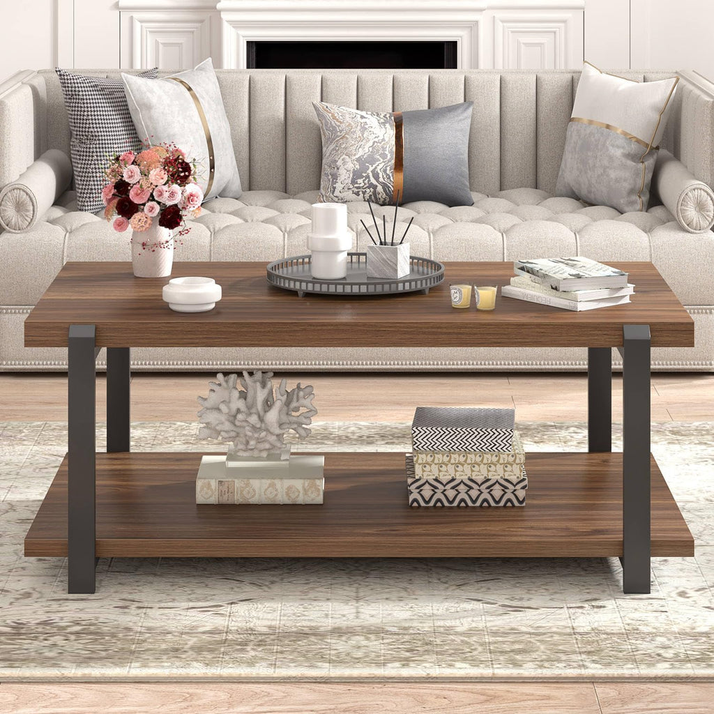 FOLUBAN Modern Coffee Table with Storage Shelf, Rustic Wood Center Table for Living Room, Walnut