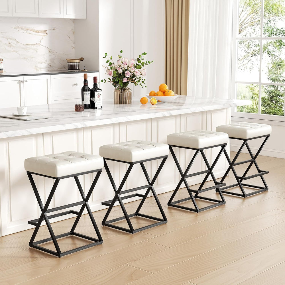 Bar Stools Set of 2, 26" Leather Counter Height Bar Stools, Beige