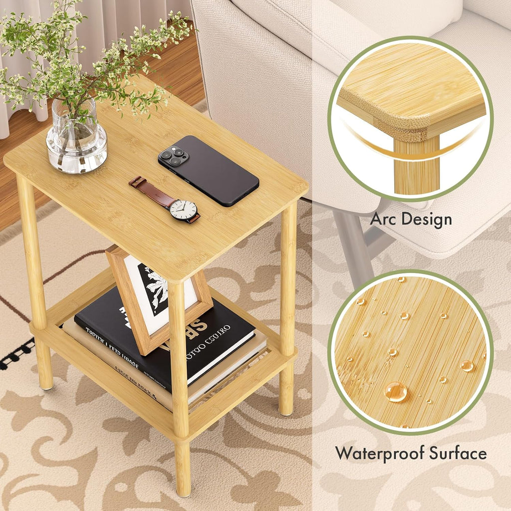 2 Tier Bamboo Narrow End Table, No Tool Assembly Bedroom Bedside Table, Small Space Nightstand, Bathroom Storage, Sofa Side Table, Entryway Table
