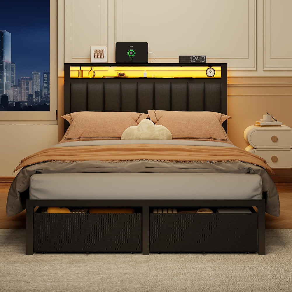 Furnulem Full Size Bed Frame with Storage Drawers and Upholstered Headboard