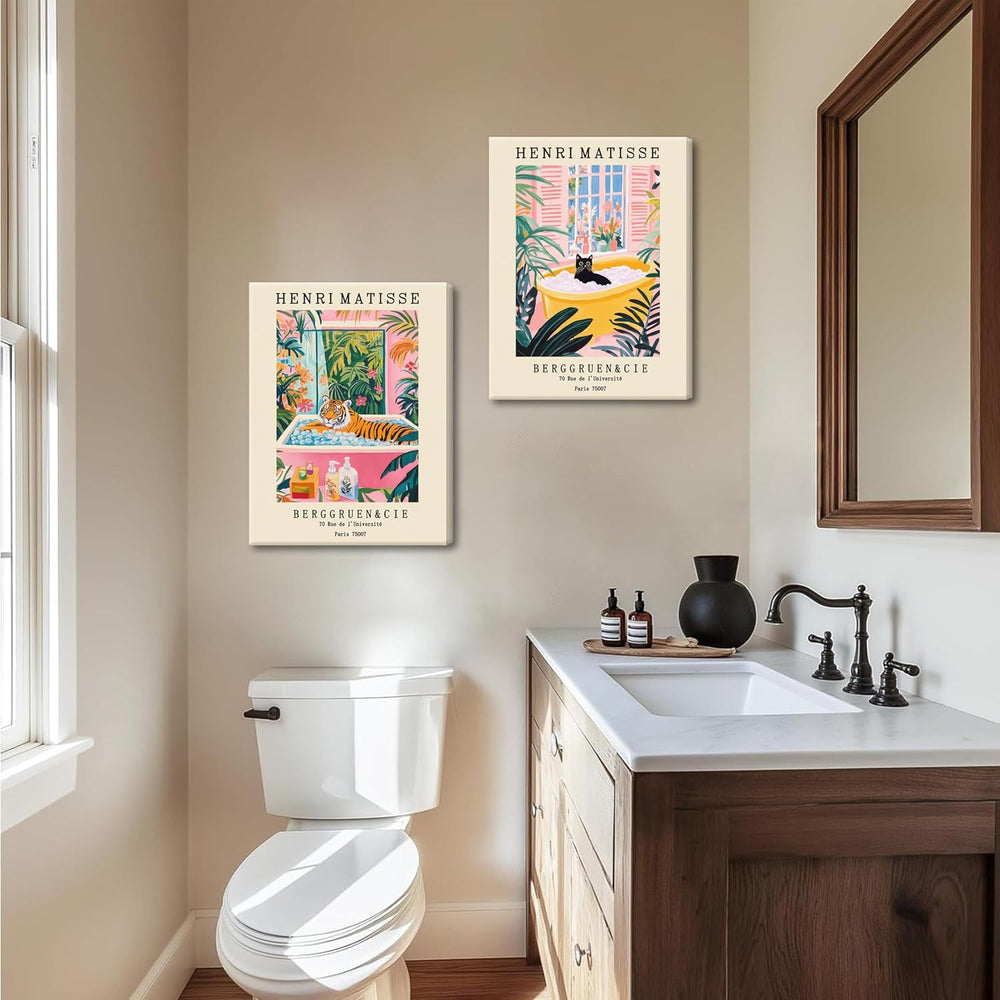 Funny Bathroom Canvas Wall Art Set of 3, Matisse Black Cat Animal Wall Decor ...