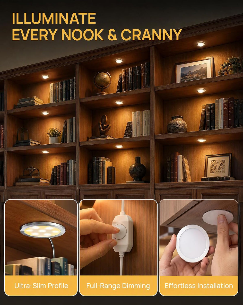 Cefrank Dimmable LED Puck Lights, 6-Pack Under Cabinet Lighting Warm White