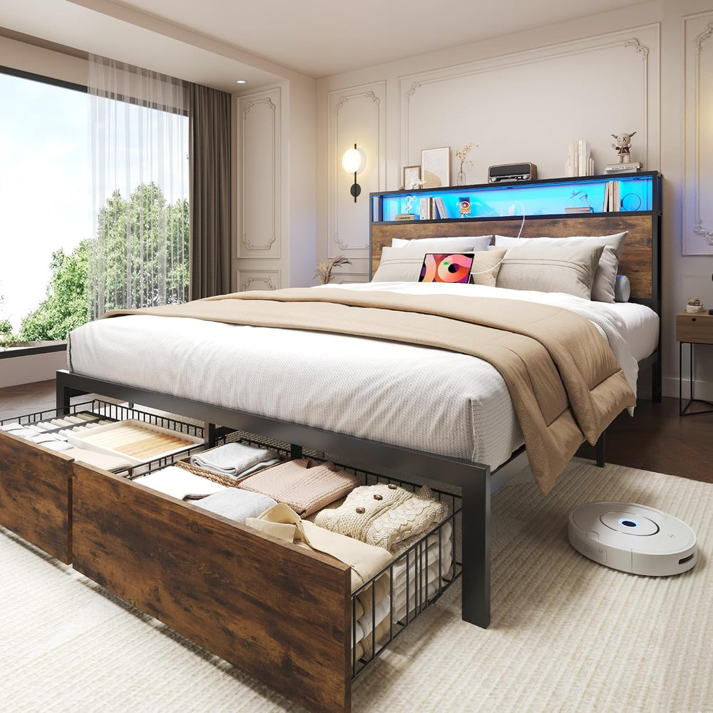 Full Bed Frame with Charging Station, LED Lights, 2 Drawers, Rustic Brown