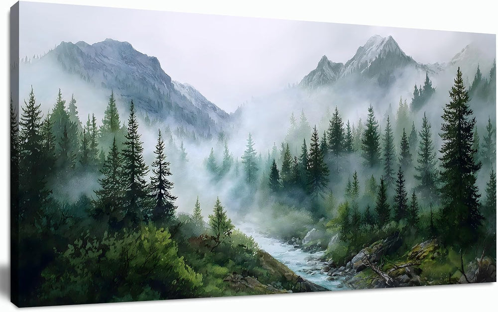 Trogonup Large Misty Forest Wall Art for Living Room Green Mountain Landscape...