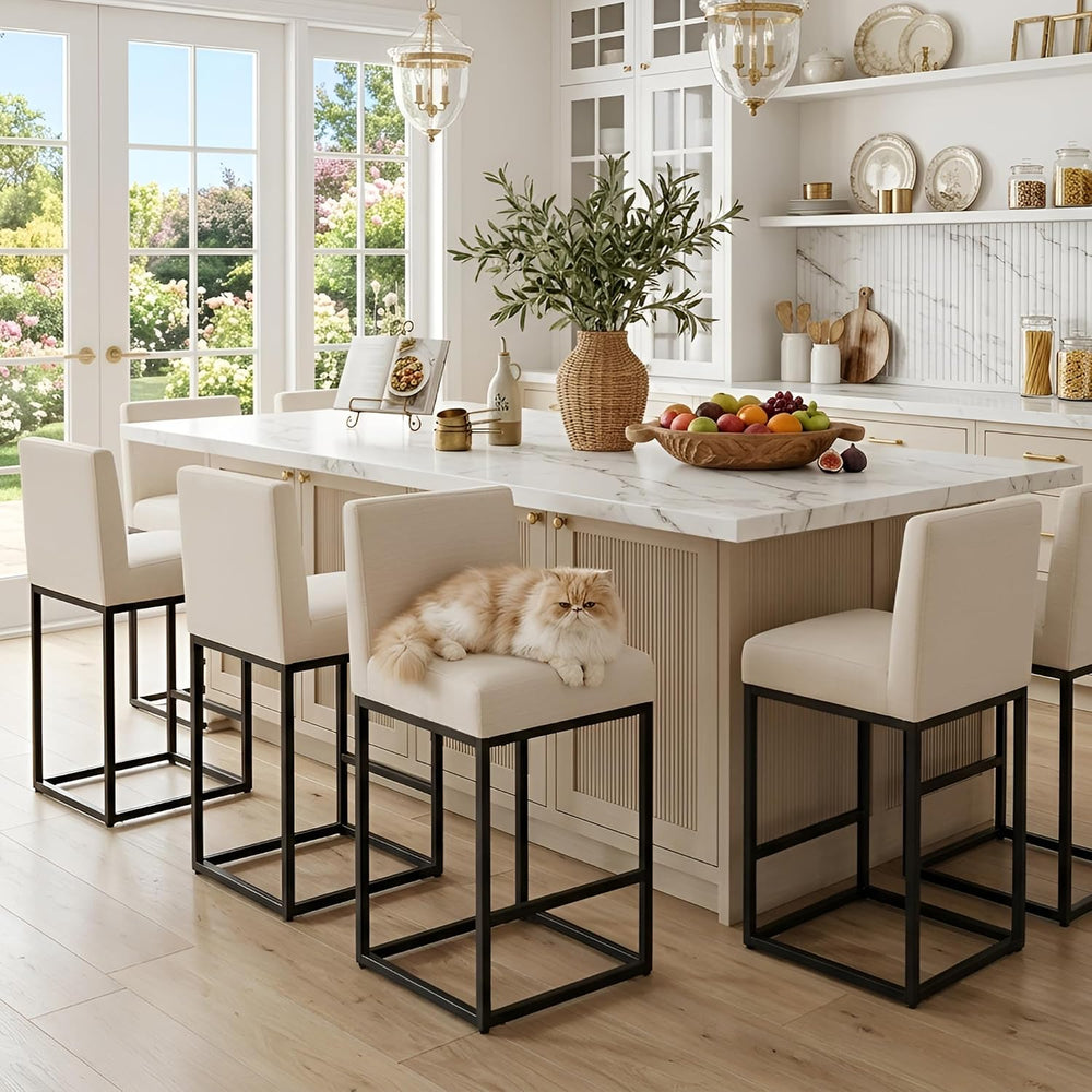 HNY Modern Counter Height Bar Stools Set of 3, 27 Inch Cream Linen Barstool