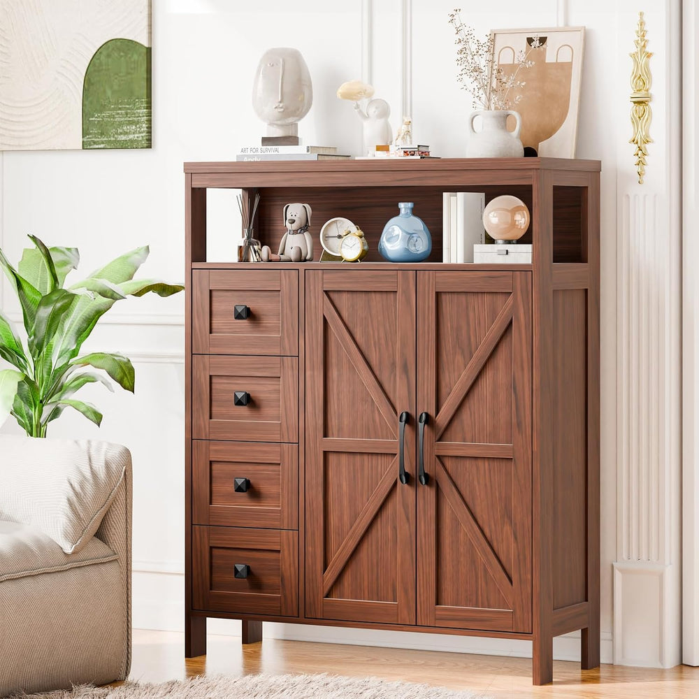 Befrases Farmhouse Storage Cabinet with 2 Doors and 4 Drawers, Walnut