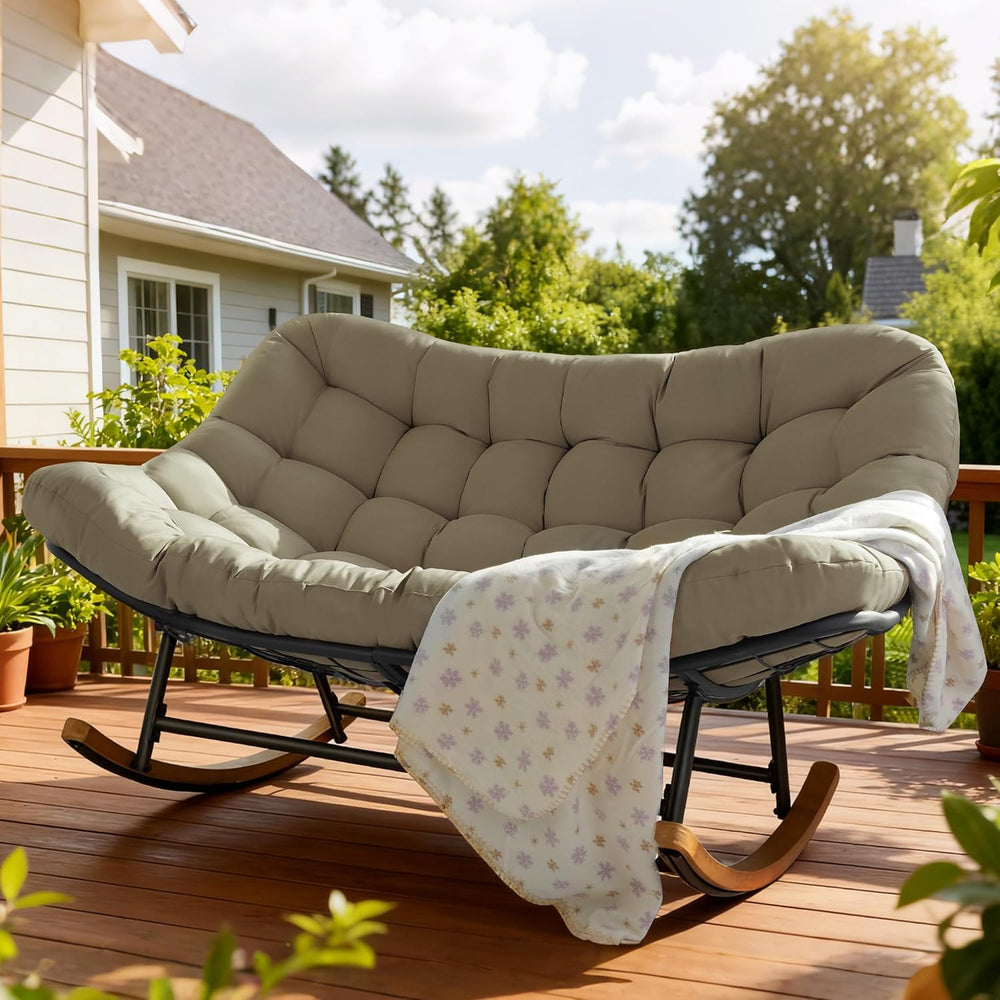 Double Papasan Patio Rocking Chair for Two, Oversized Outdoor Loveseat with T...