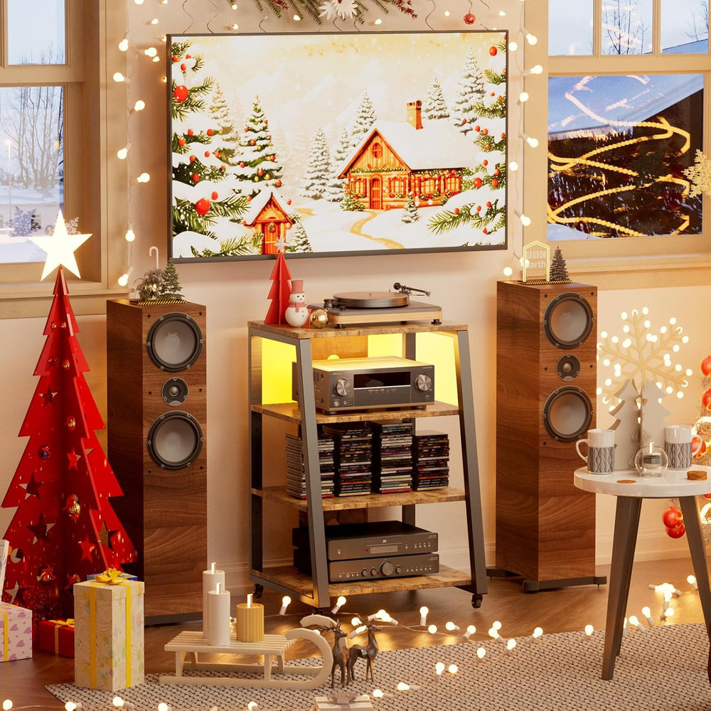 Lifewit 4 Tier Media Stand with Power & LED, Stereo Cabinet, Rustic Brown