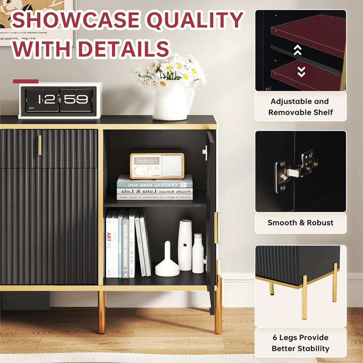 60" Fluted Buffet Cabinet with Storage, Modern Buffets & Sideboard with 2 Drawers, 4 Doors and Adjustable Shelves, Accent Cabinet for Kitchen, Black