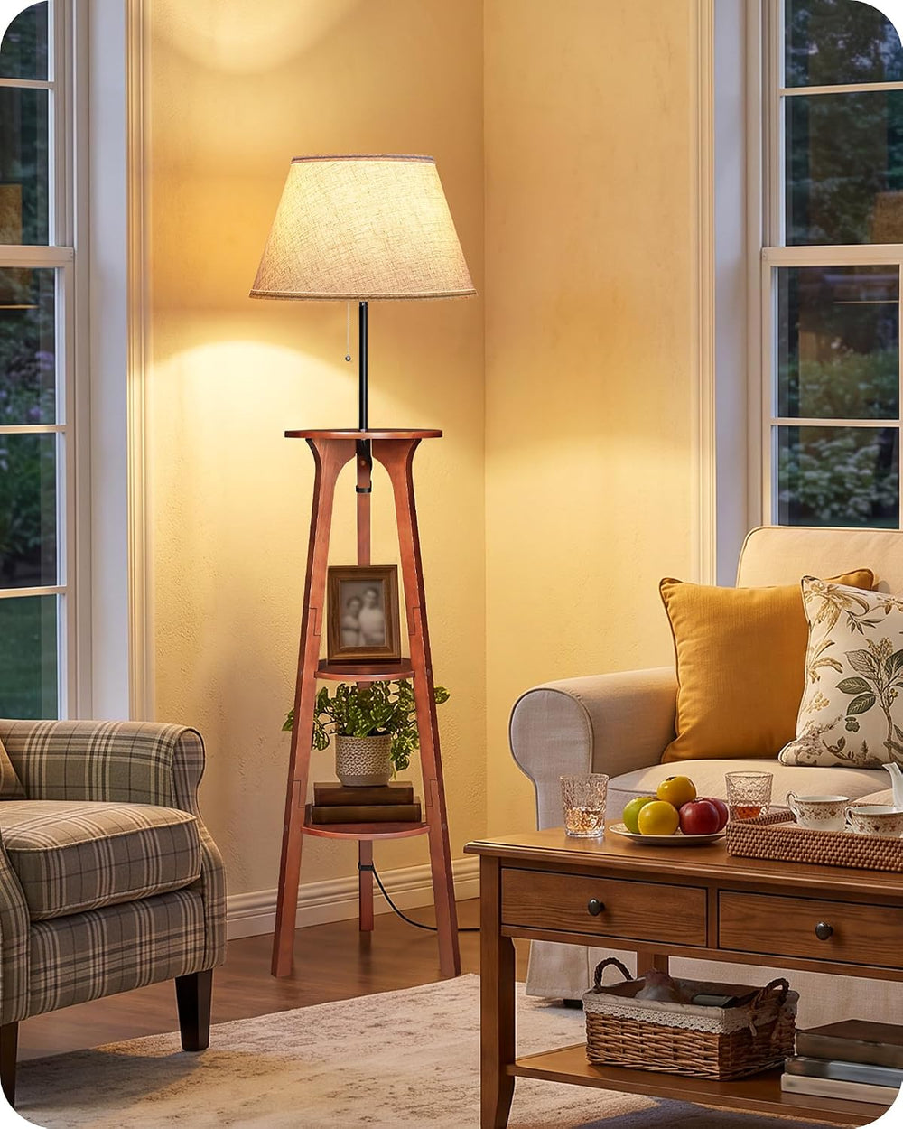 3 Tier Shelf Floor Lamps, Wood Tripod Floor Lamp, Linen Lampshade