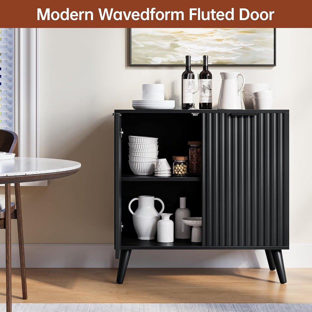 Black Sideboard Buffet Cabinet with Storage, 2 Doors Modern Fluted Buffet Cab...