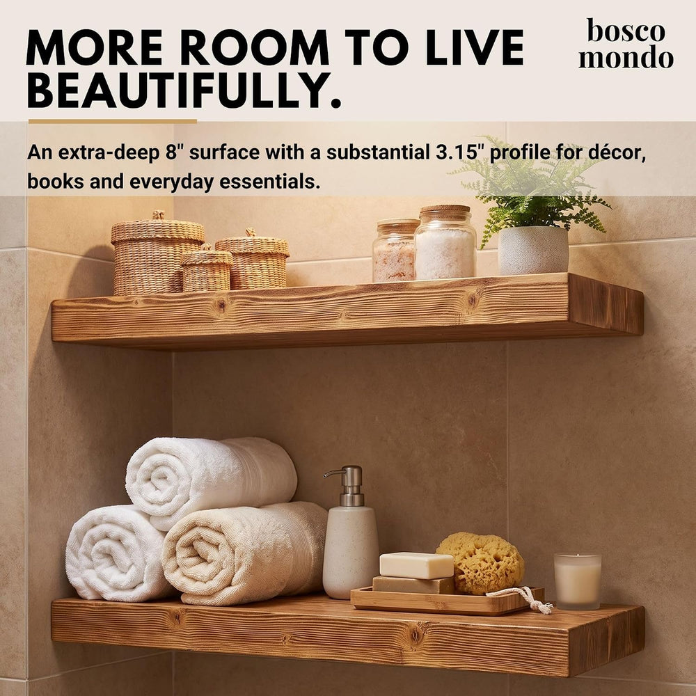 3 Inch Thick Floating Shelves, Solid Pine Wood, 8 Inch Deep, Set of 2