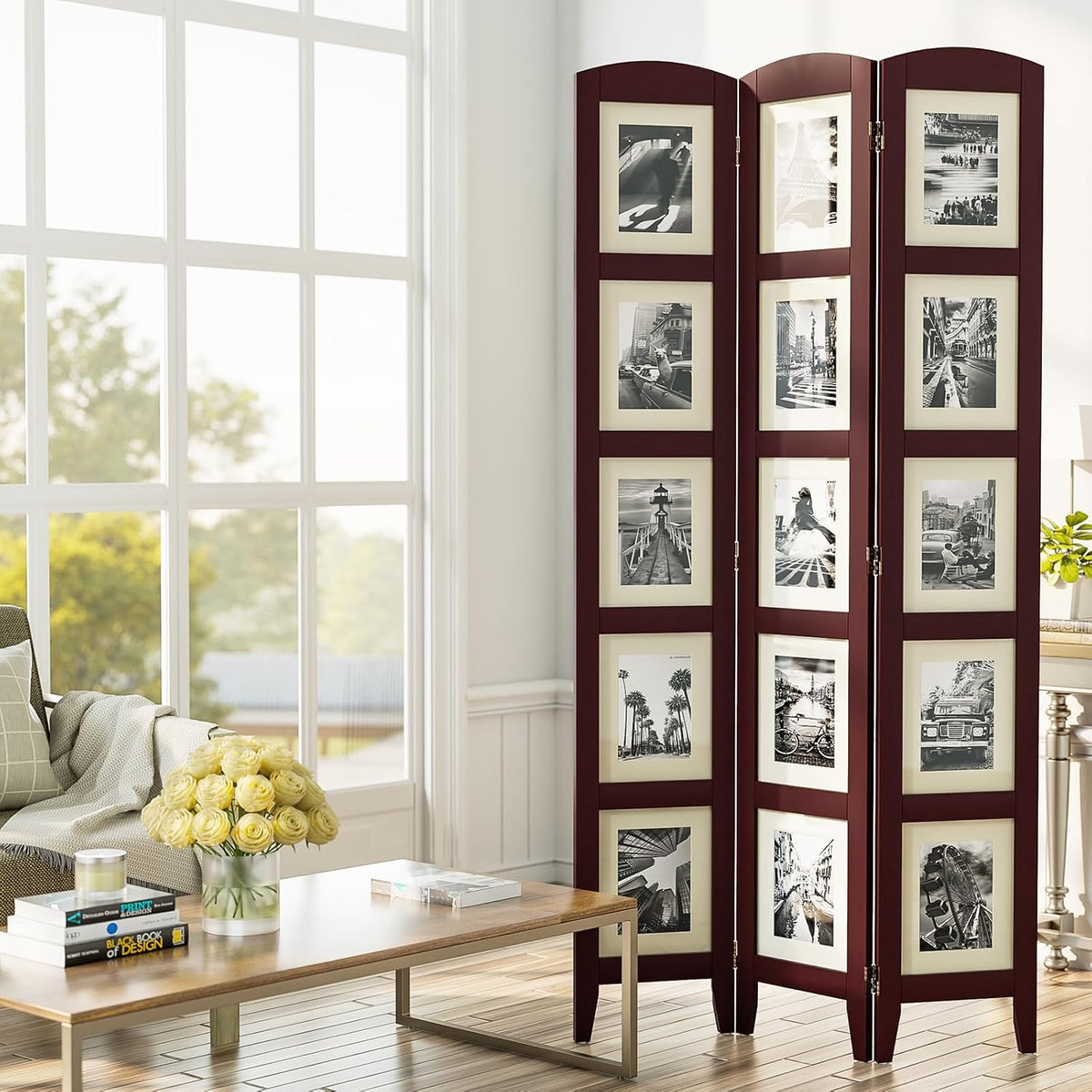 SZQINJI 3 Panel Photo Room Divider Screen, Walnut