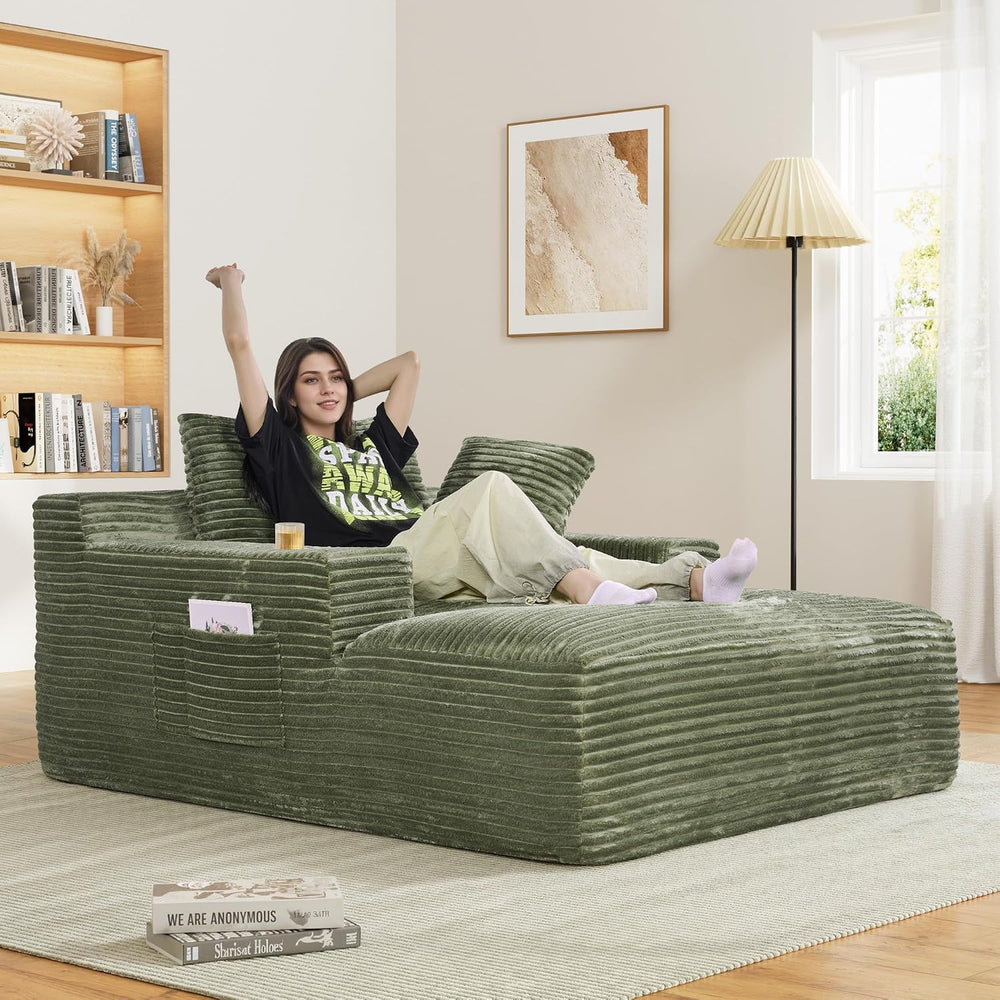 68" Oversized Boneless Chaise Lounge Chair Indoor with Cup Holders,Green