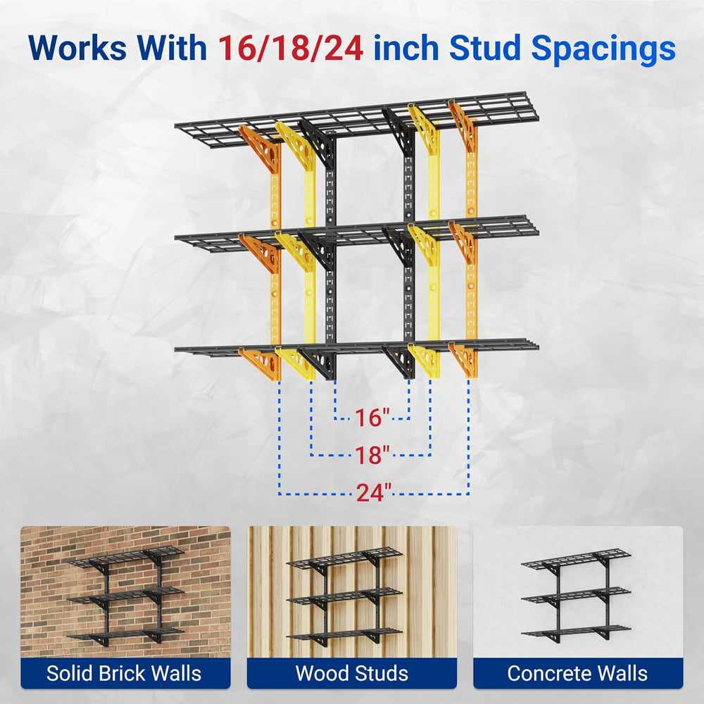 FLEXIMOUNTS 3-Tier 1x4ft Garage Storage Wall Shelving, Height Adjustable