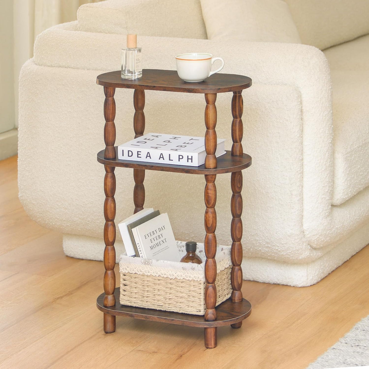 MaxSmeo Small Narrow Side Table, 3-Tier Narrow End Table with Storage, Skinny Side Table Nightstand for Small Space, Bedrooms, Living Room (Rustic Brown)