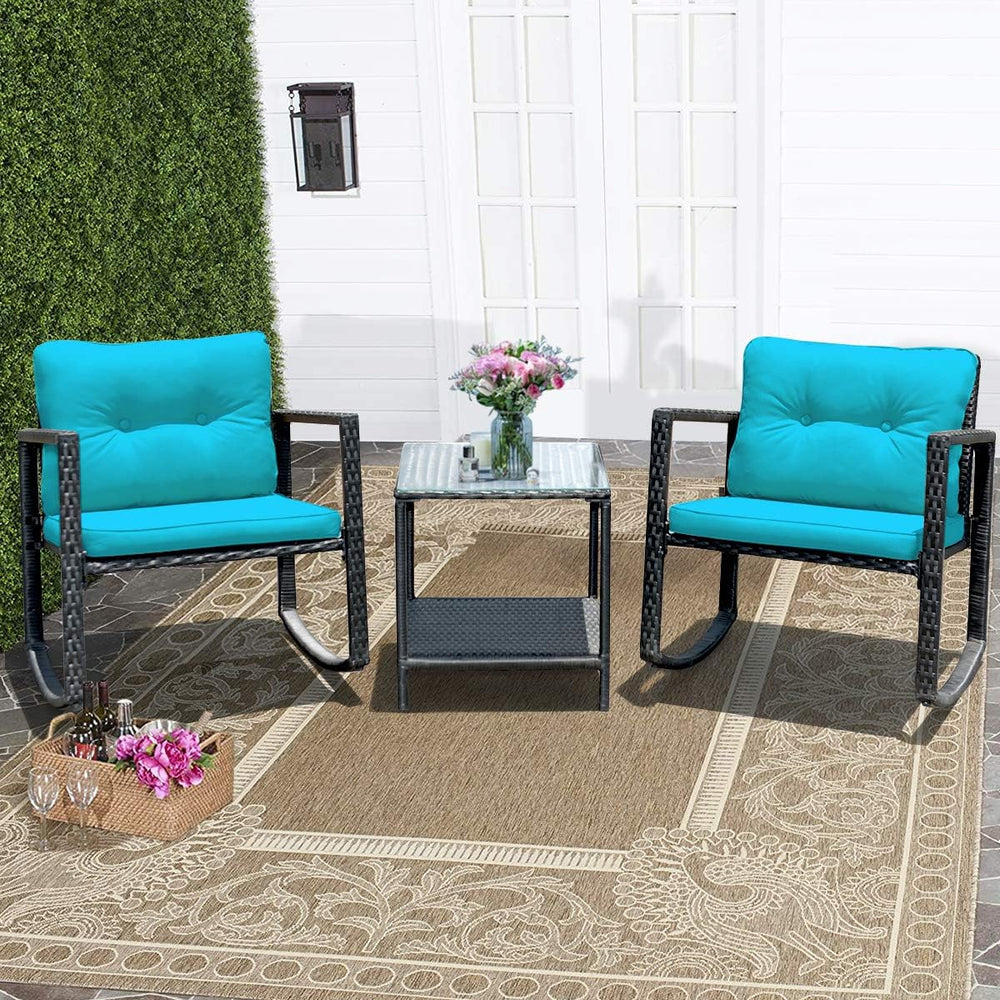 Tangkula 3-Piece Patio Rocking Bistro Set with Soft Cushions, Turquoise
