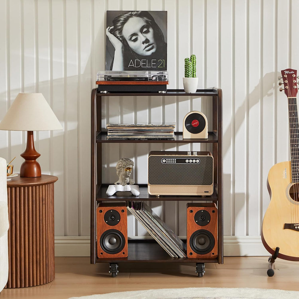 Solid Wood AV Media Stand, 4-Tier Audio Rack with Lockable Casters