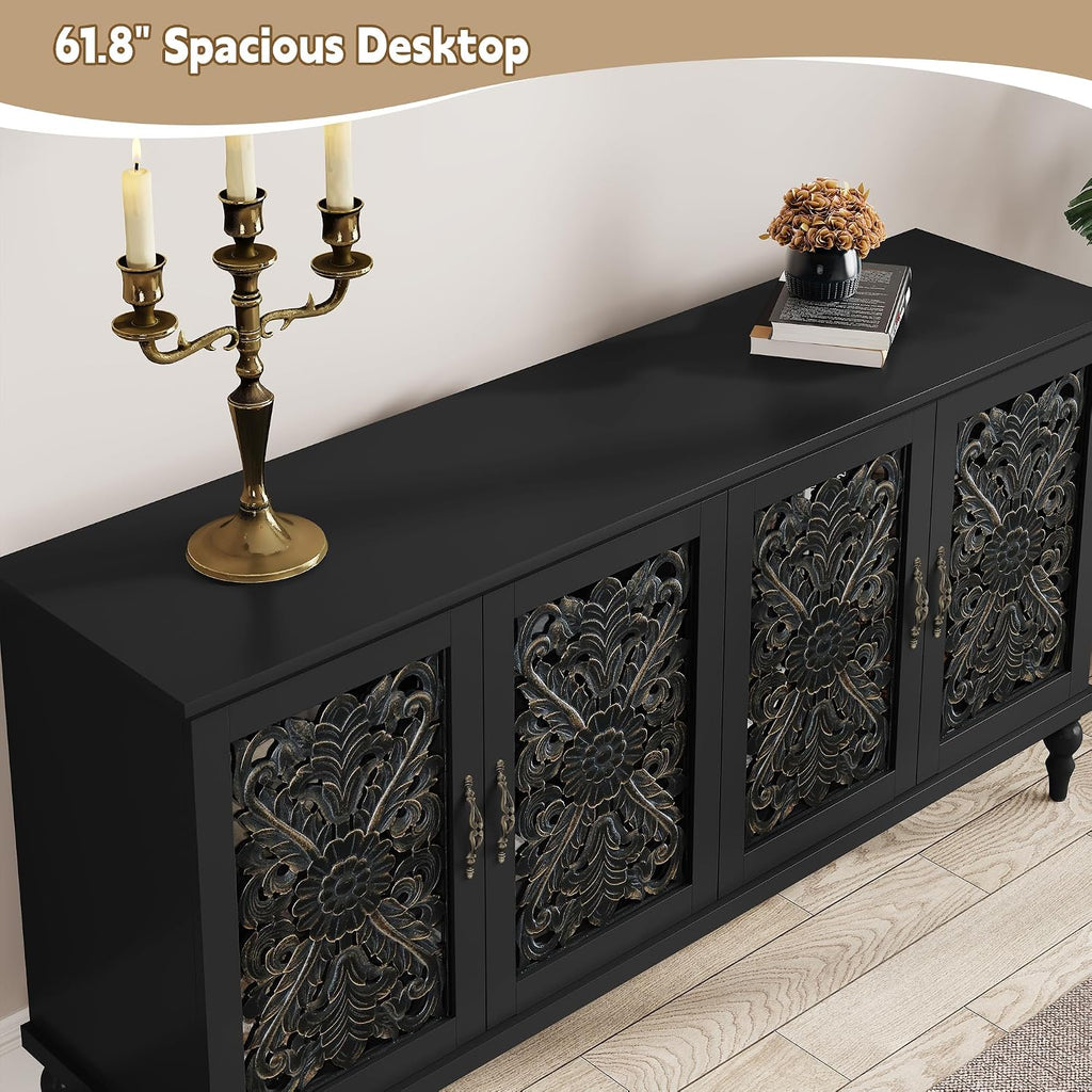 ARTPOWER 61.8" Hollow Carved Accent Cabinet with 4 Doors for Living Room