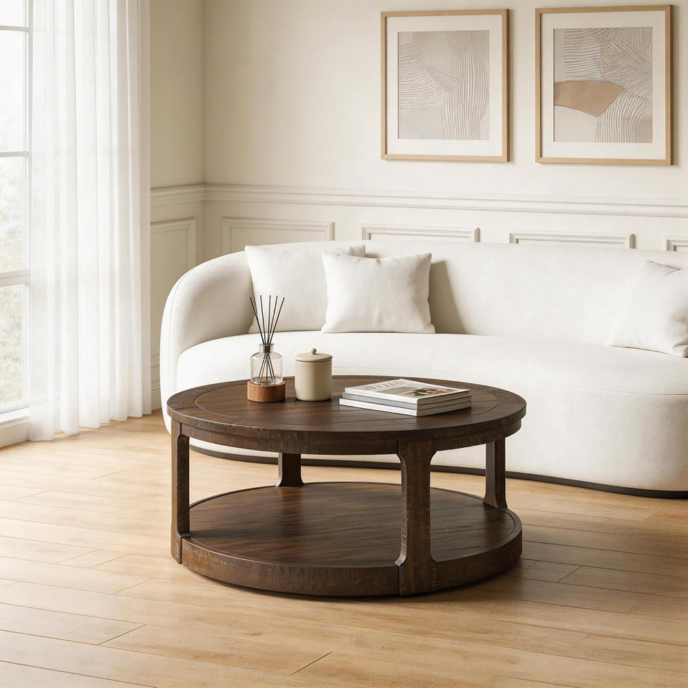 WILLIAMSPACE 40" Round Coffee Table with Wheels, Circle 2 Tier Solid Woo...