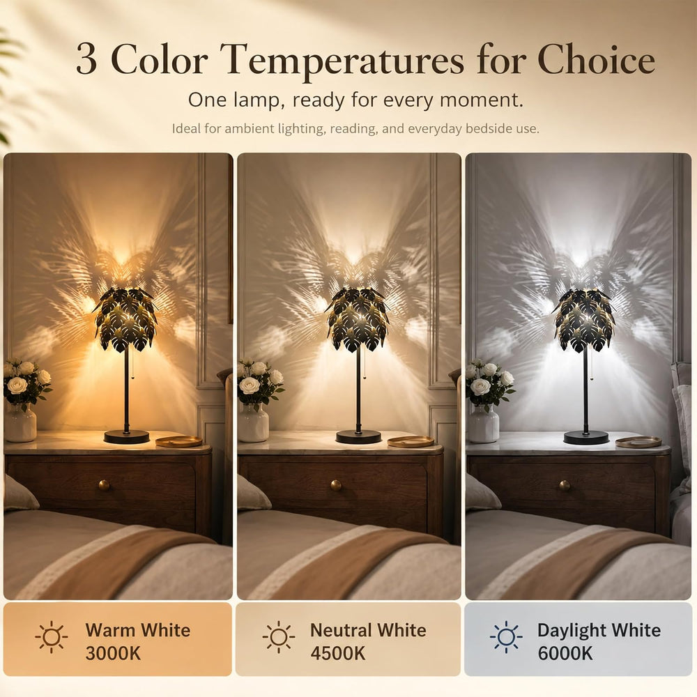 DIY Wood Monstera Table Lamp for Bedroom, Dimmable Lamp with Pull Chain