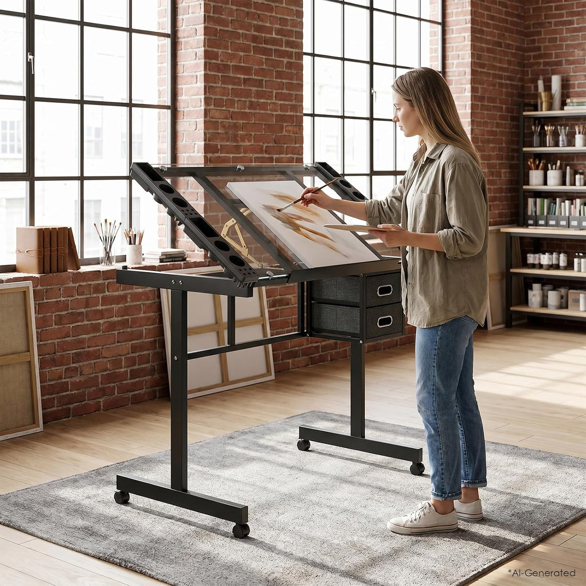 Rolling Drafting Table on Wheels, Painting Table Art Craft Desk Crafting Table with Tilting Transparent Tempered Glass Top, 2 Fabric Storage Drawers and 4 Wheels (Black)
