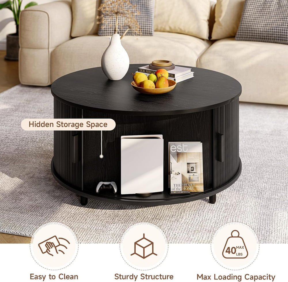 ONBRILL 31.5" Round Coffee Table with Storage Adjustable Footpads Black
