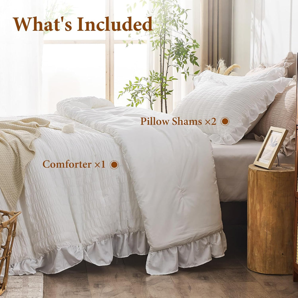 JOLLYVOGUE White Comforter Full Size, 3 Pieces Seersucker Lightweight Full Si...