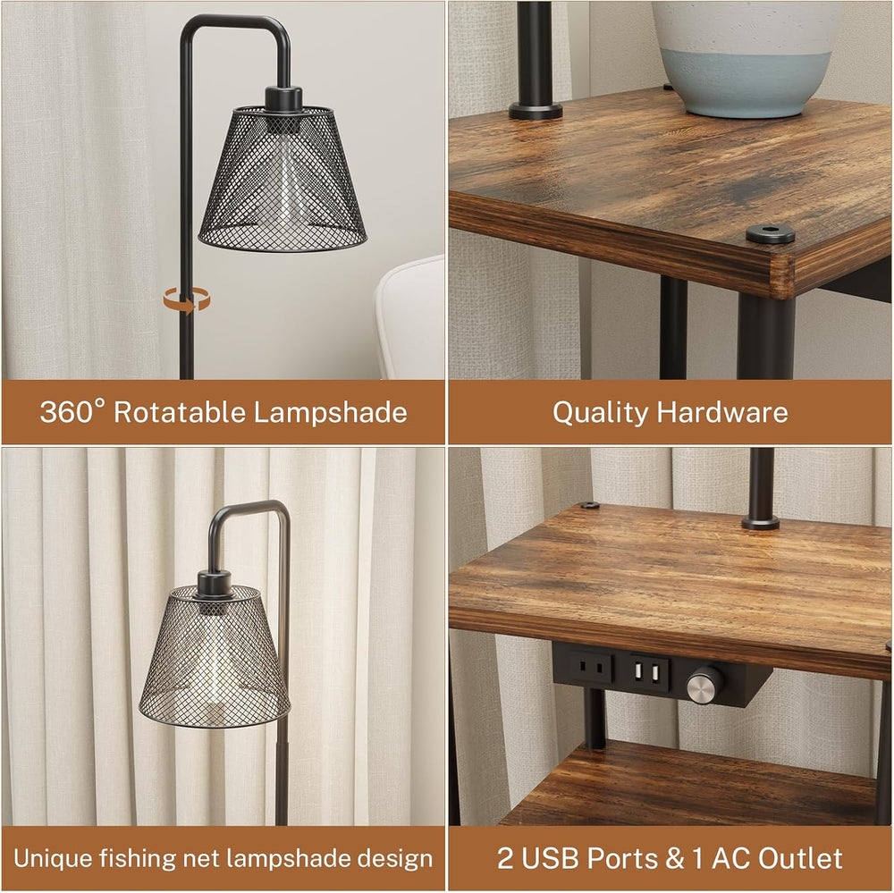 Floor Lamp with Table and Shelves, Side Table with USB Charging Port and Outl...