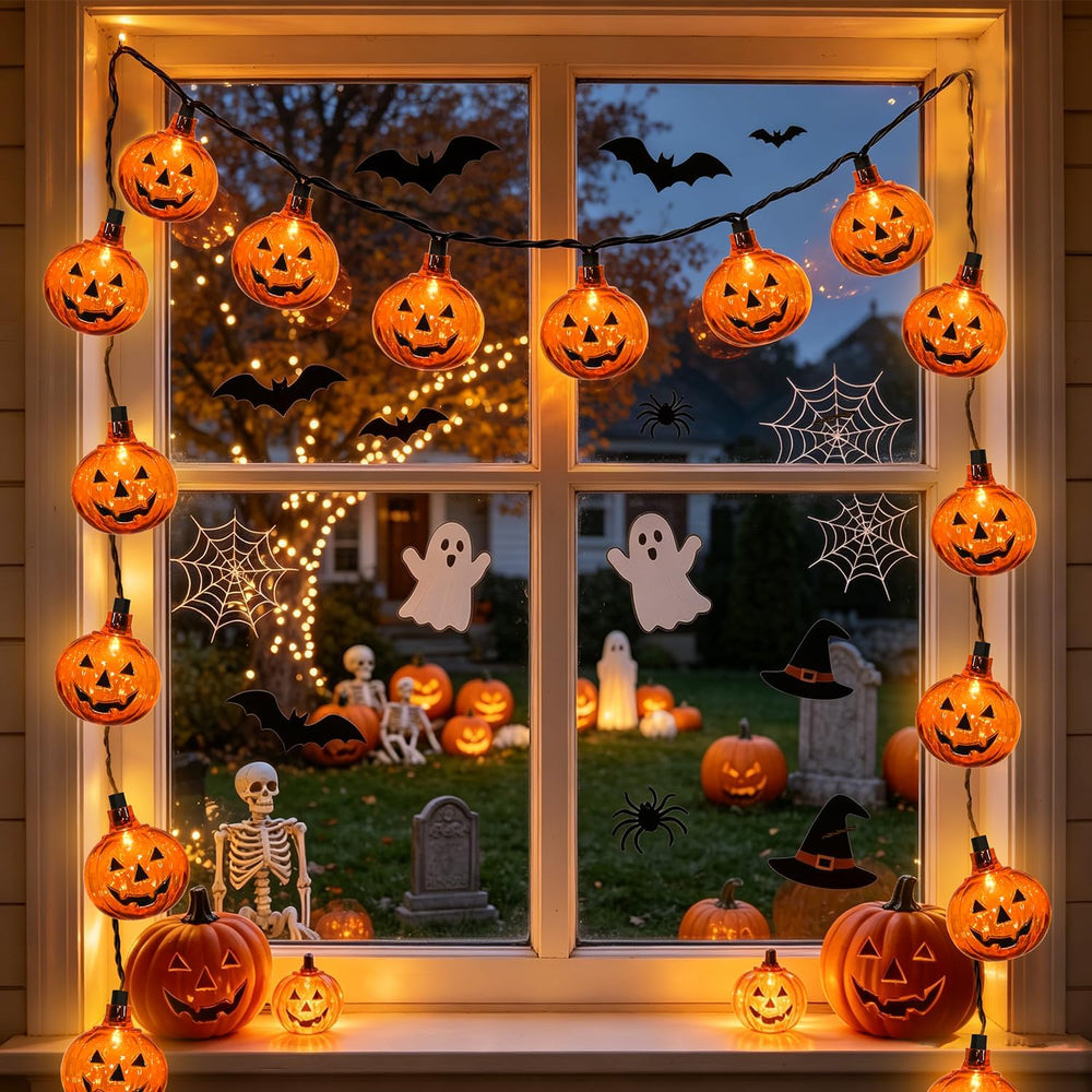 12Ft 20 LED Halloween Pumpkin String Lights Plug in Jack O Lantern Lights wit...