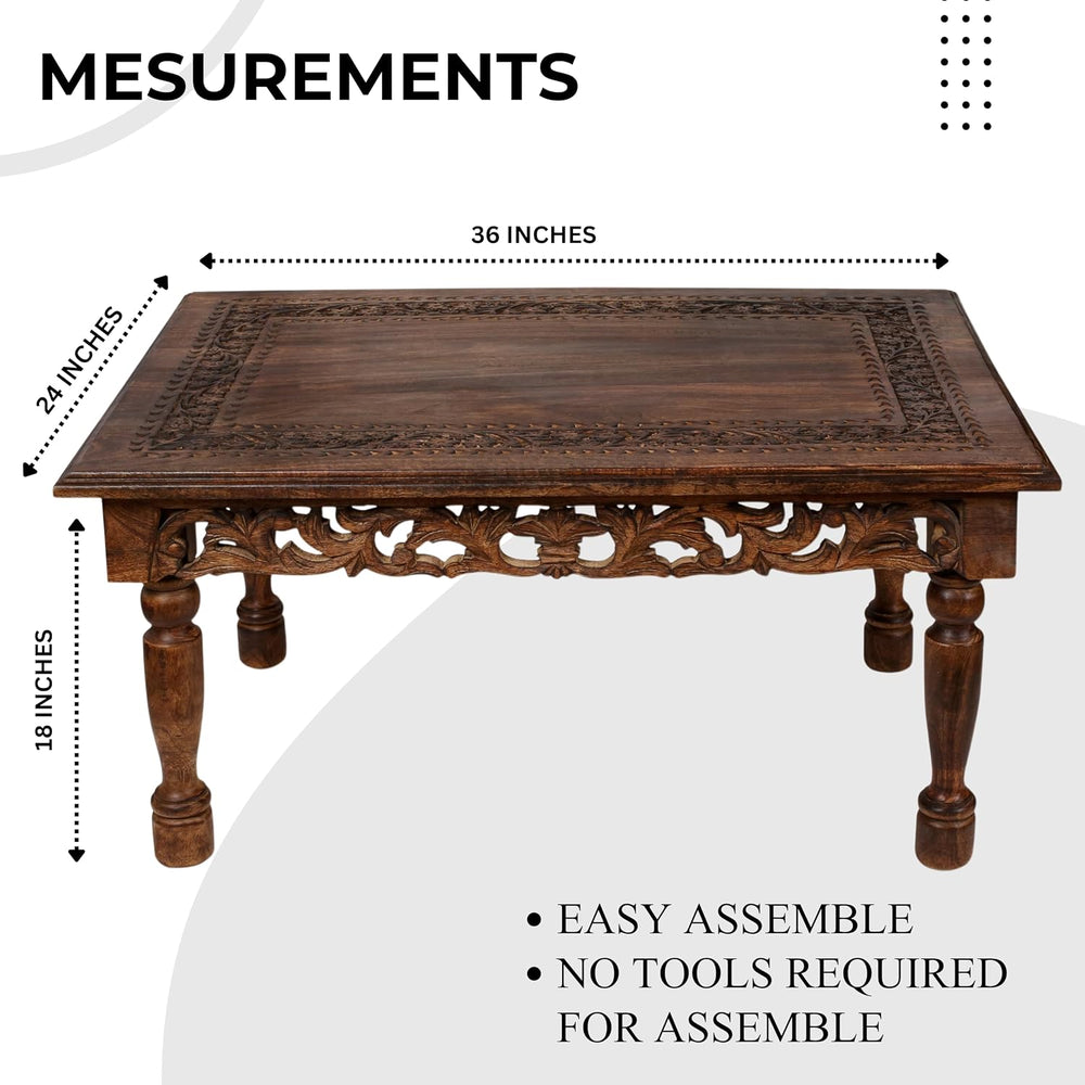Coffee Table in Solid Wood With Hand Carving 38x24x18"_Burnt Rectangular