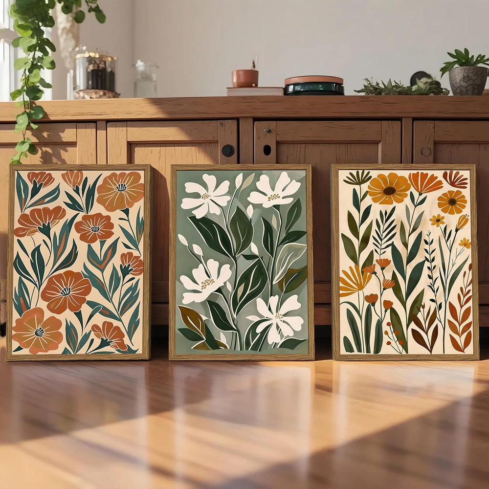 Framed Boho Floral 3 Piece Wall Art,Mid Century Modern Abstract Flower Pictur...