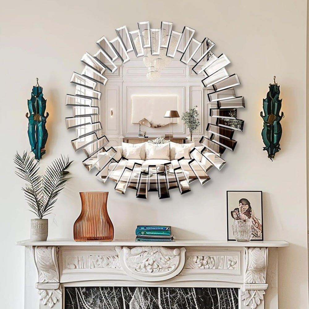 QDSSDECO 32" x32" Round Sunburst Wall Mirror, Frameless Beveled Edge